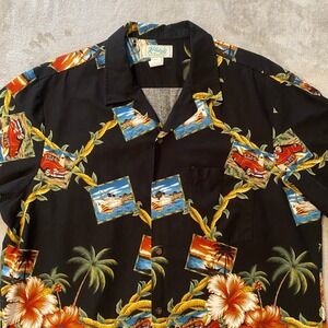 VTG Kolekole Button Up Mens XL Black Tropical Postcard Hibiscus Hawaiian Shirt‎